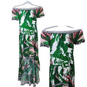 Flying Tomato Maxi Dress Off The Shoulder‎ Hi Low Green Tropical Floral Size S